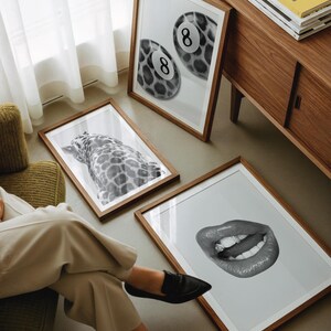 May include: A collection of framed art prints featuring black and white images. The prints include a close-up of a pair of pool balls with the number 8, a giraffe, and a mouth with a diamond. The frames are brown.