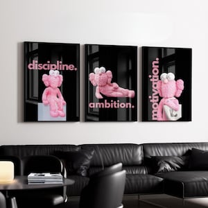 Zwart en roze Kaws-poster, Hypebeast Toys-posterset van 3, Hypebeast-figuur afdrukbare muurkunst, minimalistisch Hypebeast-decor, cadeau voor haar