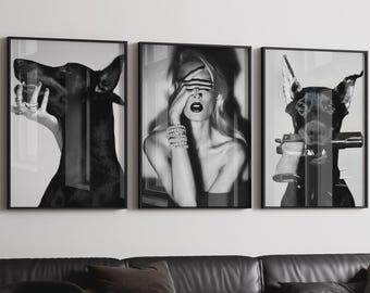 Black & White Luxury Fashion Poster Set of 3 | Luxury Fashion Prints, Designer Wall Art, Doberman Poster, Hypebeast Decor