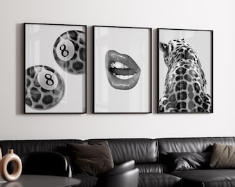 3 Piece Cheetah Wall Art | Cheetah Poster | Dopamine Decor | Black and White Luxury Fashion Poster | Hypebeast Decor, 8 Ball Print CPS1