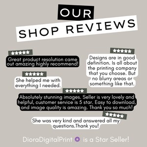 May include: Image displaying customer reviews for a digital print shop. Text includes comments on product resolution, image quality, and customer service. The shop's name, DioraDigitalPrint, is shown, along with a 'Star Seller' badge.