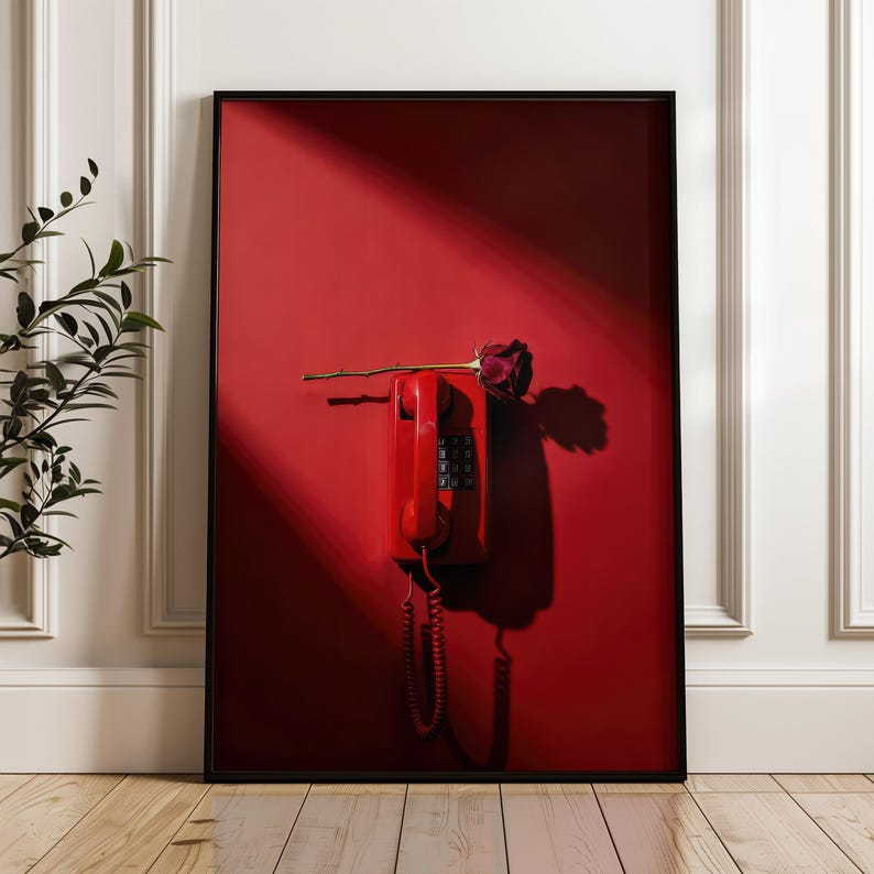 Peut inclure: Impression artistique encadr&eacute;e d'un t&eacute;l&eacute;phone rouge &agrave; cadran avec une rose rouge fonc&eacute; pos&eacute;e sur le combin&eacute;. Le t&eacute;l&eacute;phone est fix&eacute; sur un mur rouge uni, avec une ombre de la rose et un rayon de lumi&egrave;re.