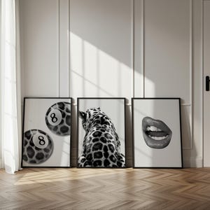 3 Piece Cheetah Wall Art | Cheetah Poster | Dopamine Decor | Black and White Luxury Fashion Poster | Hypebeast Decor, 8 Ball Print CPS1 image 5