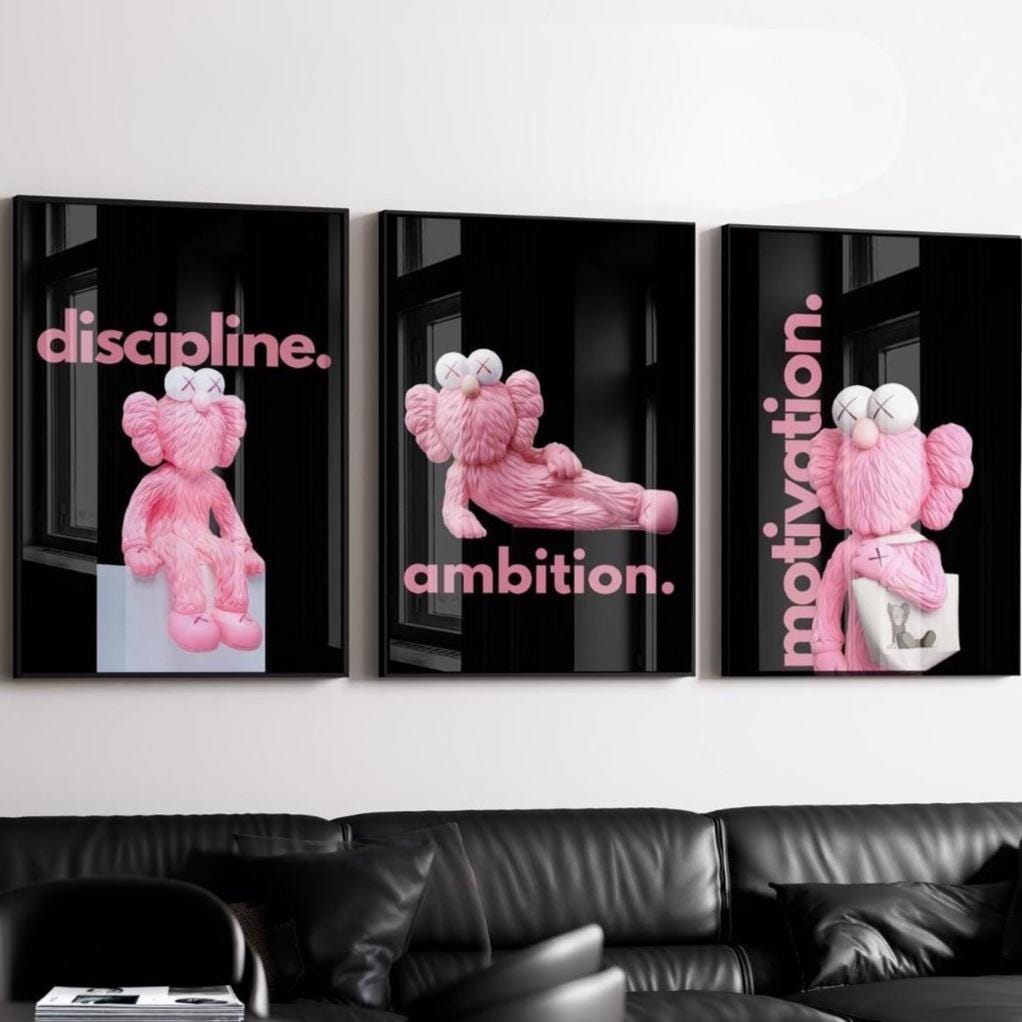 Black and Pink Kaws Poster, Hypebeast Toys Poster Set of 3, Hypebeast Figure Printable Wall Art, Minimalist Hypebeast Decor, Gift for Her