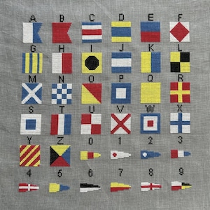 Può includere: Un set di 36 bandiere di segnalazione nautiche, ciascuna con un design unico e una lettera o un numero. Le bandiere sono disposte in righe e colonne su uno sfondo di tessuto grigio.
