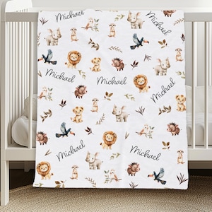 Dierenrijk aangepaste babydeken, aangepaste naam kinderdeken, boho dierendeken voor nieuwe baby, decor boho safari kinderkamer, kraamcadeau
