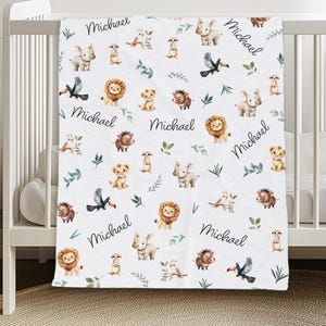 Animal Kingdom Custom Baby Blanket, Custom Name Kids Blanket, Boho Animal Blanket for New Baby, Boho Safari Nursery Decor, Baby Shower Gift