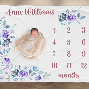 Purple Rose Milestone Blanket, Floral Month Blanket, Custom Baby Month Blanket, Personalised Name Blanket, Baby Shower Gift, New Mum Gift