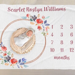 Gepersonaliseerde mijlpaaldeken baby, aangepaste naam bloemenkrans babydeken, groeivolger babymaanddeken, babyshower cadeau nieuwe moeder