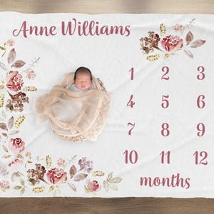 Rose Baby Milestone Blanket, Floral Month Blanket, Custom Baby Month Blanket, Personalised Name Blanket, Baby Shower Gift, New Mum Gift