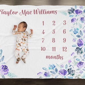 Purple Rose Milestone Blanket, Floral Month Blanket, Custom Baby Month Blanket, Personalised Name Blanket, Baby Shower Gift, New Mum Gift