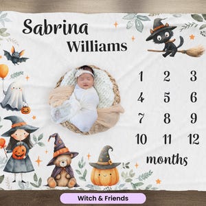 Couverture d&#39;Halloween sorcière, couverture avec prénom personnalisé chat gothique mignon, couverture mensuelle de suivi de la croissance de bébé, décoration gothique pour chambre de bébé, cadeau pour nouvelle maman