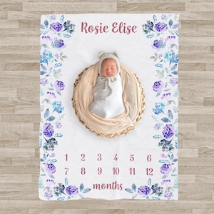 Custom Baby Milestone Blanket, Purple Floral Baby Blanket, Personalised Name Blanket, Baby Shower Gift, Newborn Photo Prop, Nursery Decor