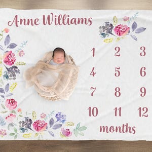 Pink Rose Baby Milestone Blanket, Floral Month Blanket, Custom Baby Month Blanket, Personalised Name Blanket, Baby Shower Gift, New Mum Gift