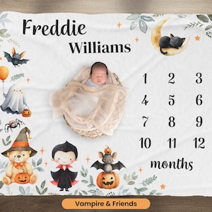 Jolie couverture d&#39;Halloween, couverture avec nom personnalisé chauve-souris vampire, couverture mensuelle de suivi de la croissance de bébé, décoration gothique pour chambre de bébé, cadeau pour nouvelle maman
