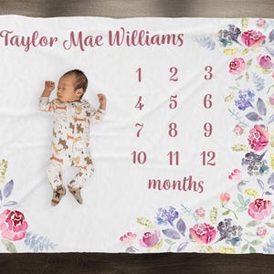 Pink Rose Baby Milestone Blanket, Floral Month Blanket, Custom Baby Month Blanket, Personalised Name Blanket, Baby Shower Gift, New Mum Gift