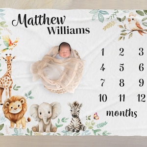 Manta de hitos de bebé con animales de safari, manta personalizada con nombre de bebé, manta mensual con seguimiento del crecimiento de safari, decoración para habitación infantil, regalo para mamá primeriza