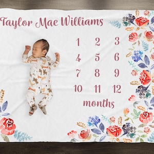 Rode roos mijlpaaldeken, maanddeken bloemen, aangepaste babymaanddeken, gepersonaliseerde naamdeken, babyshowercadeau, cadeau nieuwe moeder