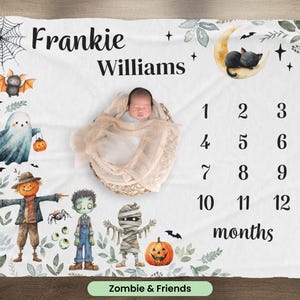 Couverture avec prénom zombie Halloween, couverture prénom bébé personnalisée, suivi de la croissance de bébé mensuel effrayant d&#39;Halloween, déco chambre d&#39;enfant gothique, cadeau nouvelle maman