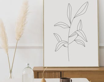 Printable line Art, Botanical, Modern Minimalist, Leaves Leaf Line Drawing, Print Flower
