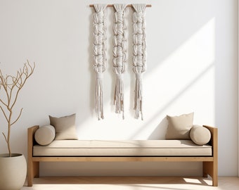 modern macro macrame wall hanging in natural/ecru 23''x43'' boho organic home bedroom living room sustainable cotton on wood