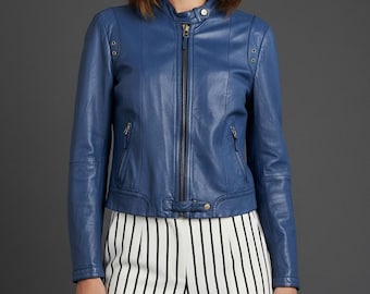 Y2K Blue Leather Cafe Racer Jacket: Massimo Dutti Moto Biker Coat