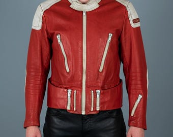 Vintage 80s Hein Gericke Leather Biker Jacket: Red & White Cafe