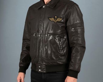 Vintage 90s Brown Leather Bomber Jacket: F19 Army Pilot Style - Etsy