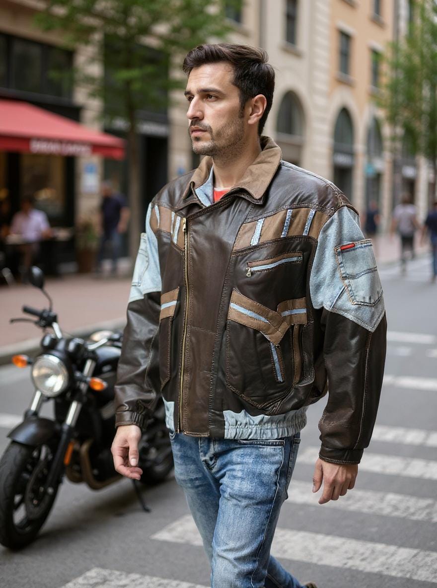 Vintage 80s Cambio Italian Leather Denim Bomber Jacket: Retro Moto