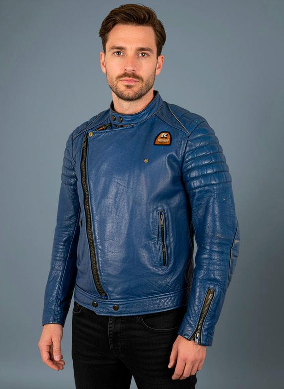 Vintage 70s Kershaw Blue Leather Biker Jacket: UK Made Moto Racing