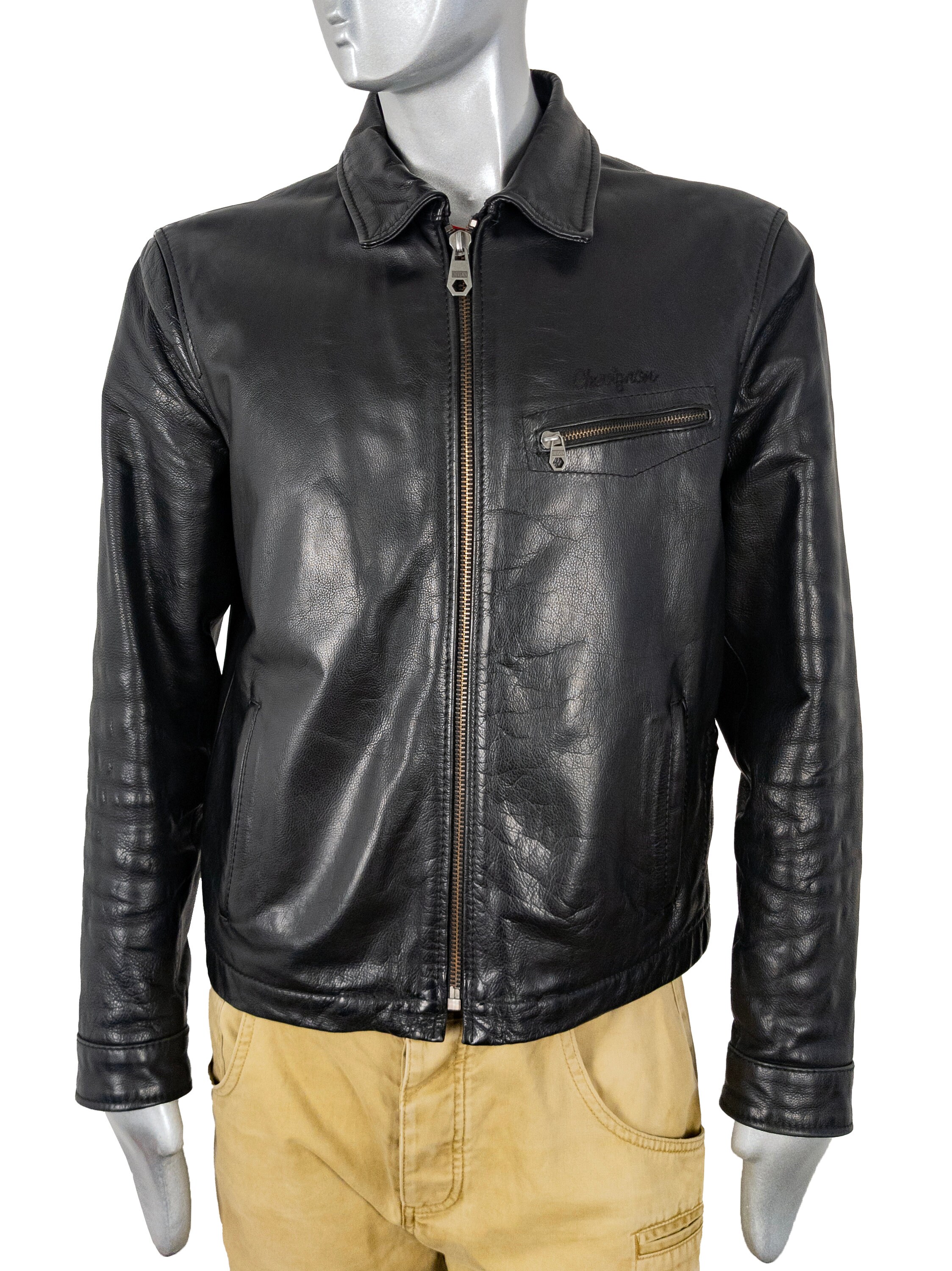 Chevignon Black Leather Jacket - Made in France - 2000s Military