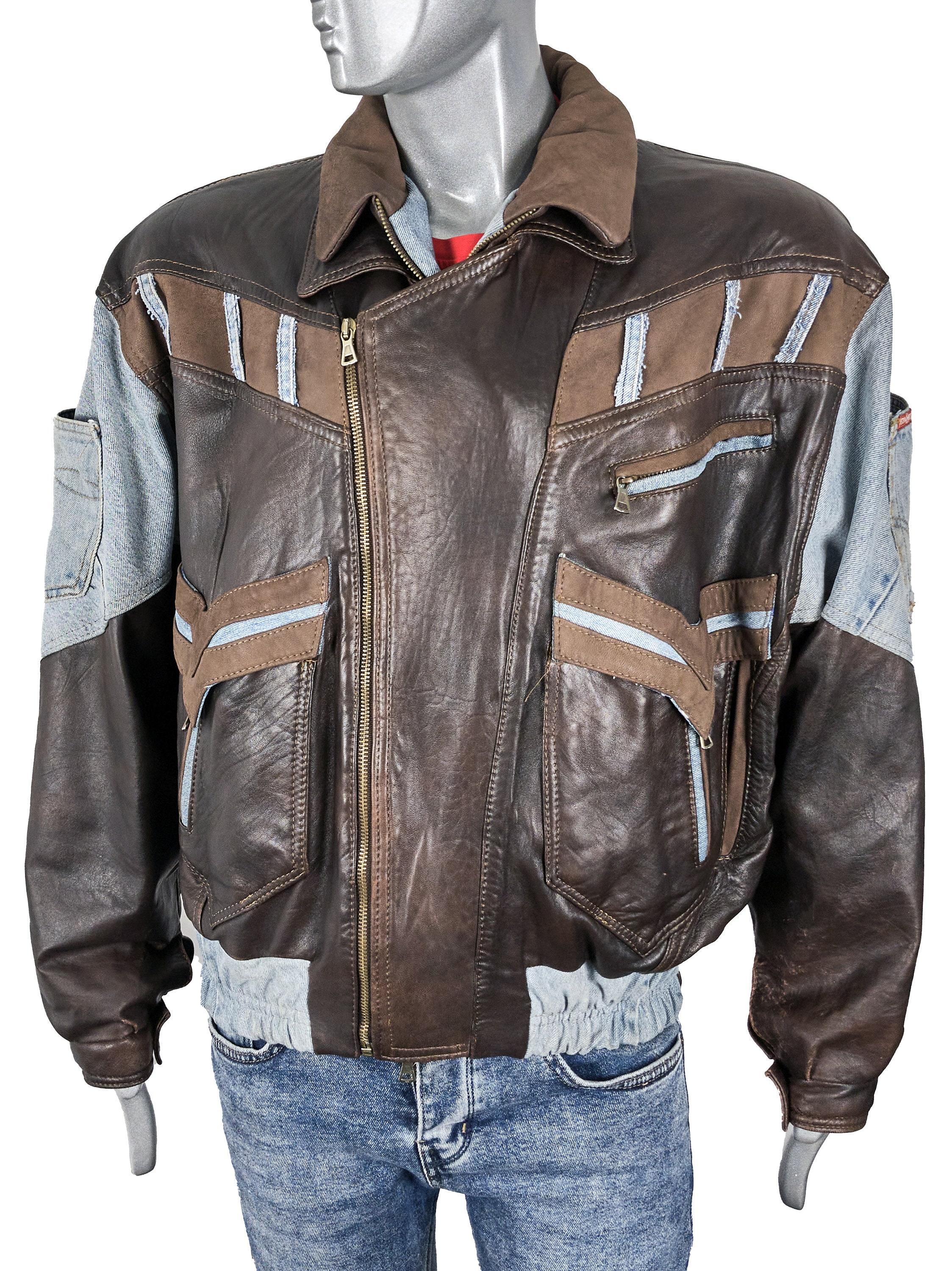 Vintage 80s Cambio Italian Leather Denim Bomber Jacket: Retro Moto