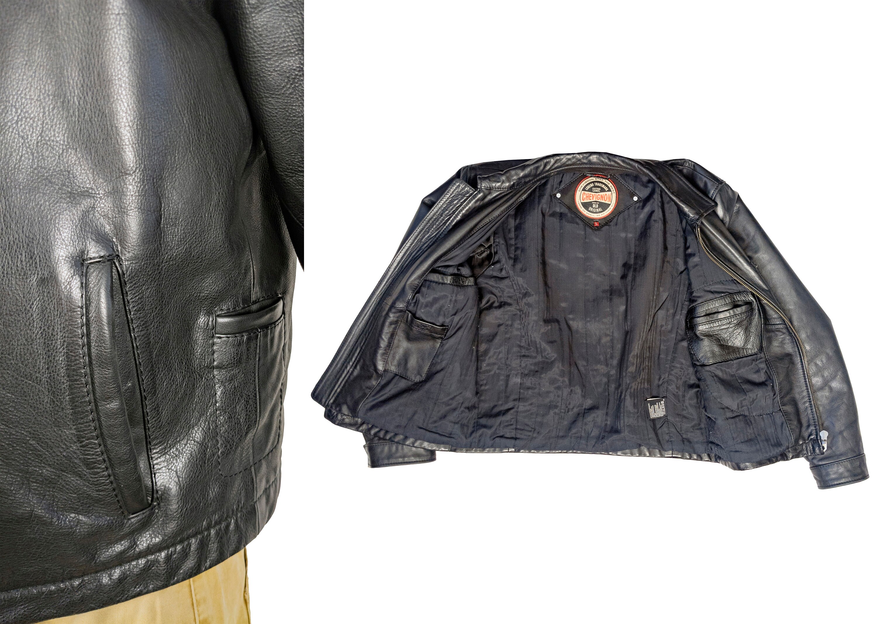 Chevignon Black Leather Jacket - Made in France - 2000s Military