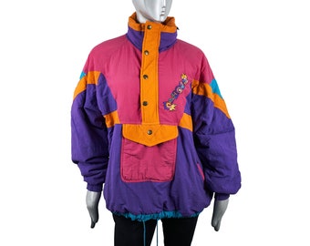 Veste anorak multicolore surdimensionnée pour femme vintage à capuche avec demi-fermeture éclair tenue automne montagne Ski coupe-vent Parka matelassé XL