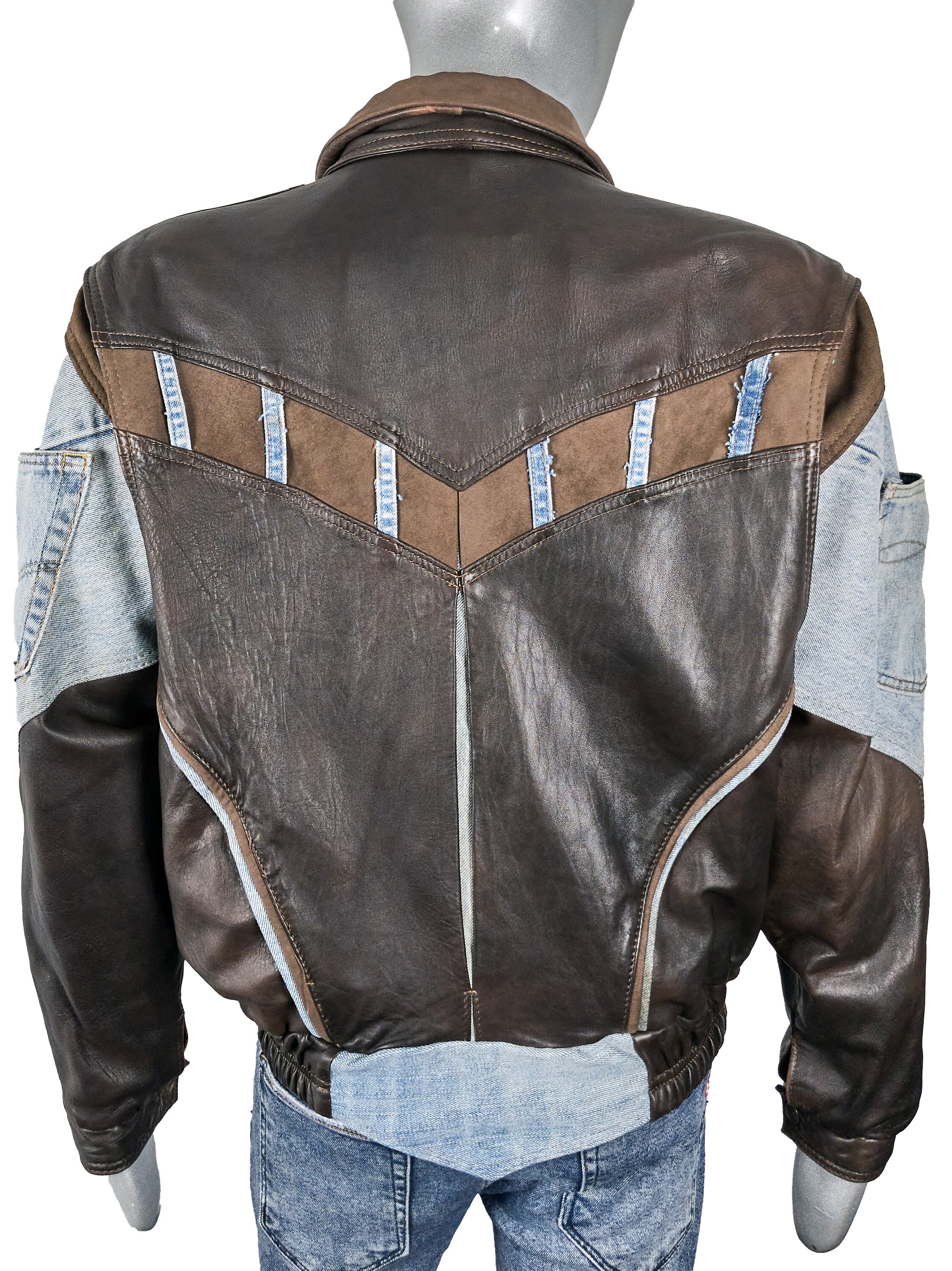 Vintage 80s Cambio Italian Leather Denim Bomber Jacket: Retro Moto 