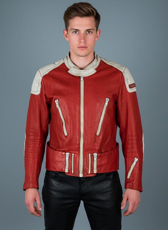 Hein Gericke レザー　ライダース　デカジップ　zip 赤　白　革 Vintage 80s Hein Gericke Leather Biker Jacket: Red & White