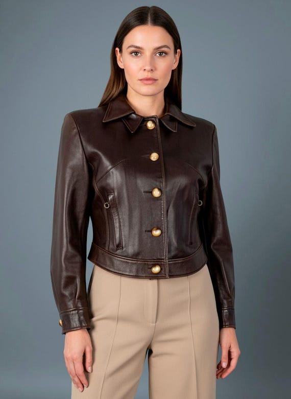 Vintage Brown Cropped Button Down Leather Jacket: Size L, Made in