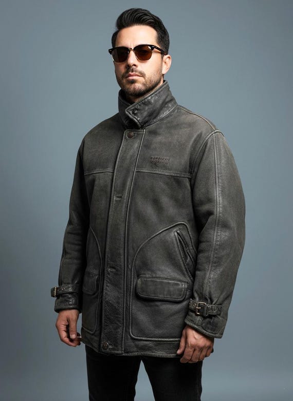 Vintage 90s Tenson Leather Field Jacket XL: Distressed Gray Moto