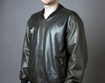 Vintage 80s Puma Leather Bomber Jacket Men's XL - Etsy