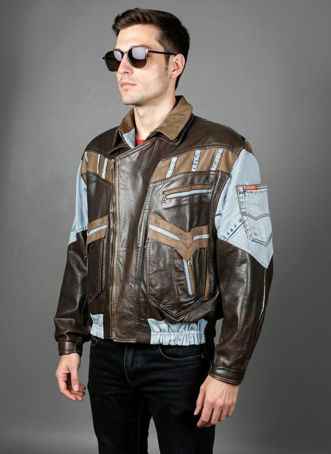 Vintage 80s Cambio Italian Leather Denim Bomber Jacket: Retro Moto