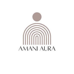 May include: A logo featuring a taupe-colored graphic of a solid circle positioned above a series of five concentric semi-circular arches. Below the graphic, the text AMANI AURA is written in a clean, black, sans-serif capital letter font.