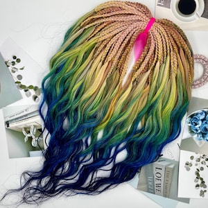 Powder Rose Gold Stereo Braids and Brushable Curls – DE Braids with Yellow, Green & Blue Ombre Curls – 60 Double-Ended, 24 Inches