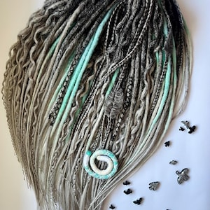 Custom Crochet Dreadlocks Set in Grey and Mint Ombre with Braids and Curls - Handmade Dreadlock Extensions for Boho Style