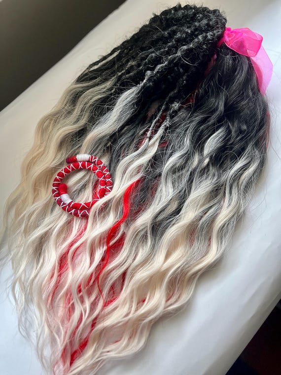 Handmade Curly Dreadlock Extensions: Black to White Ombre 