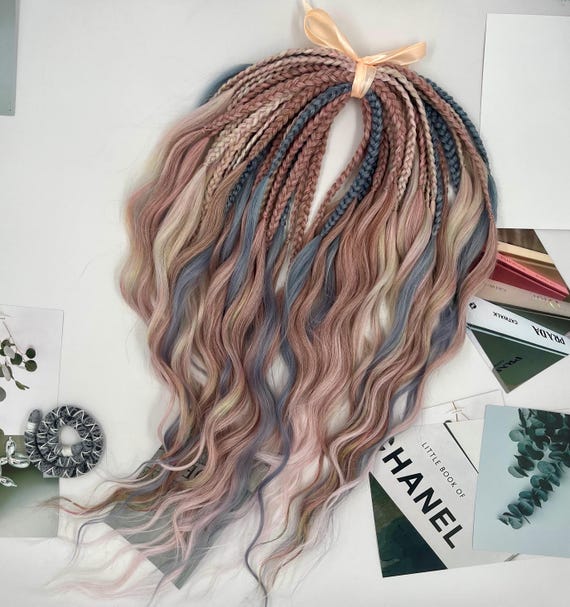 Multicolored Braided Hair Extensions with Pink, Blue & Pastel Tones Braided Rave Hair Extensions 26in Ponytails Hair Pastel Blue  main image 3