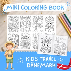 May include: A mini coloring book featuring black and white line art illustrations of Danish travel scenes, including lighthouses, houses, and flowers. The book is displayed with a sheet of coloring pages and colored pencils. Text reads MINI COLORING BOOK.