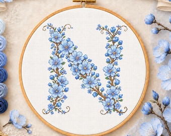 Patrón de punto de cruz con la letra N floral en PDF, patrón de bordado con monograma S de flor de cerezo azul, patrón inicial de sakura azul, descarga instantánea.
