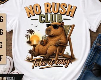 Divertido diseño de capibara en formato PNG y SVG, ideal para camisetas del No Rush Club. Gráfico listo para imprimir bajo demanda (POD). Ambiente veraniego relajado. Uso comercial.