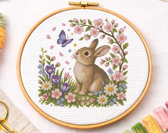 Spring Bunny Cross Stitch Pattern PDF and SVG, Floral Rabbit Embroidery Chart, Easter Bunny, Cherry Blossom Animal, Cute Modern Needlepoint