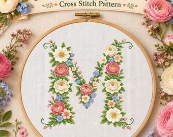 Floral Letter M Cross Stitch Pattern PDF + SVG, Flower Monogram Initial, Floral Alphabet, Counted Cross Stitch, Instant Download